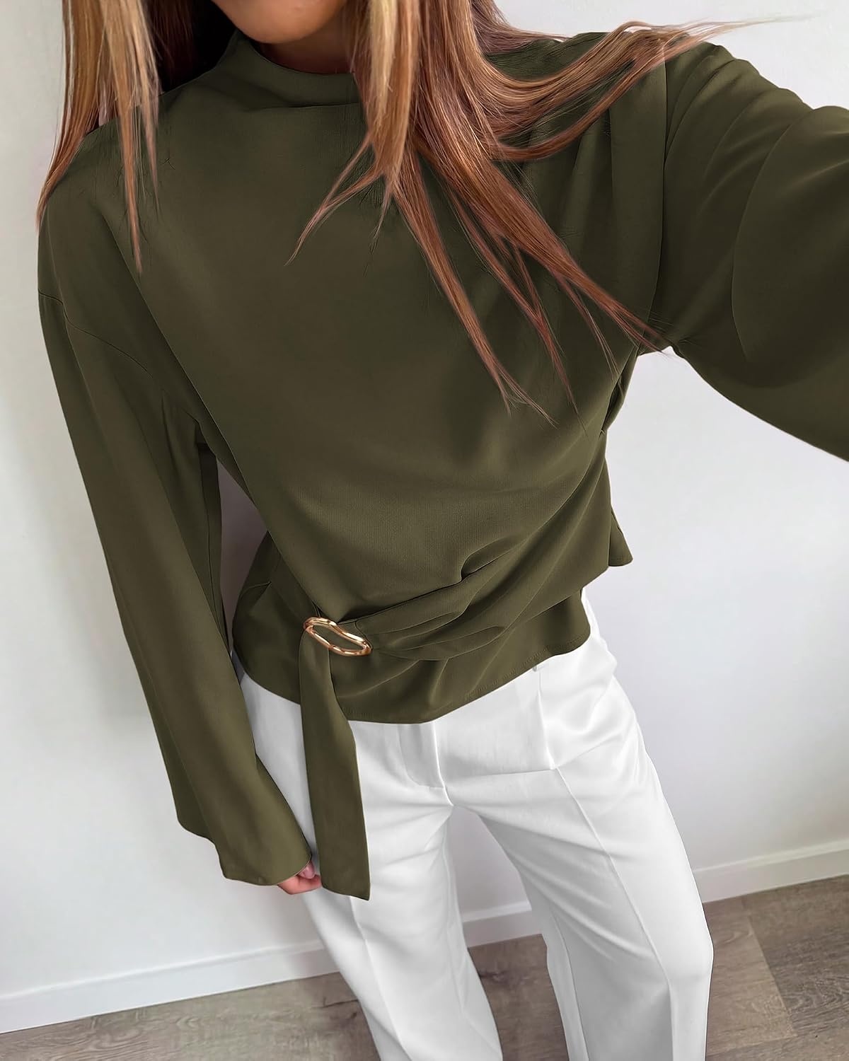 image:imageBTFBM Women Business Casual Blouses Bell Long Sleeve Tie Waist TopArmy Green