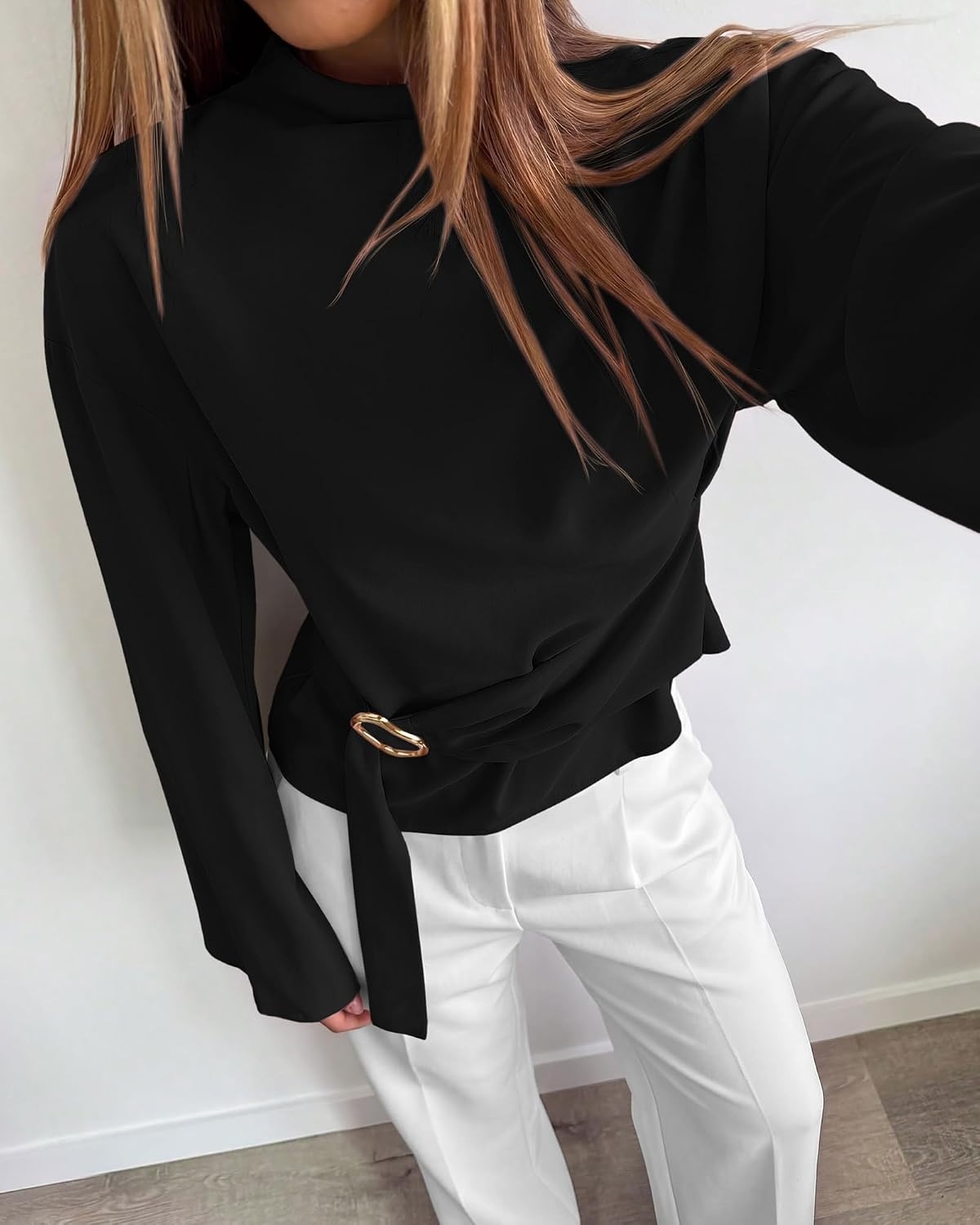image:imageBTFBM Women Business Casual Blouses Bell Long Sleeve Tie Waist TopBlack