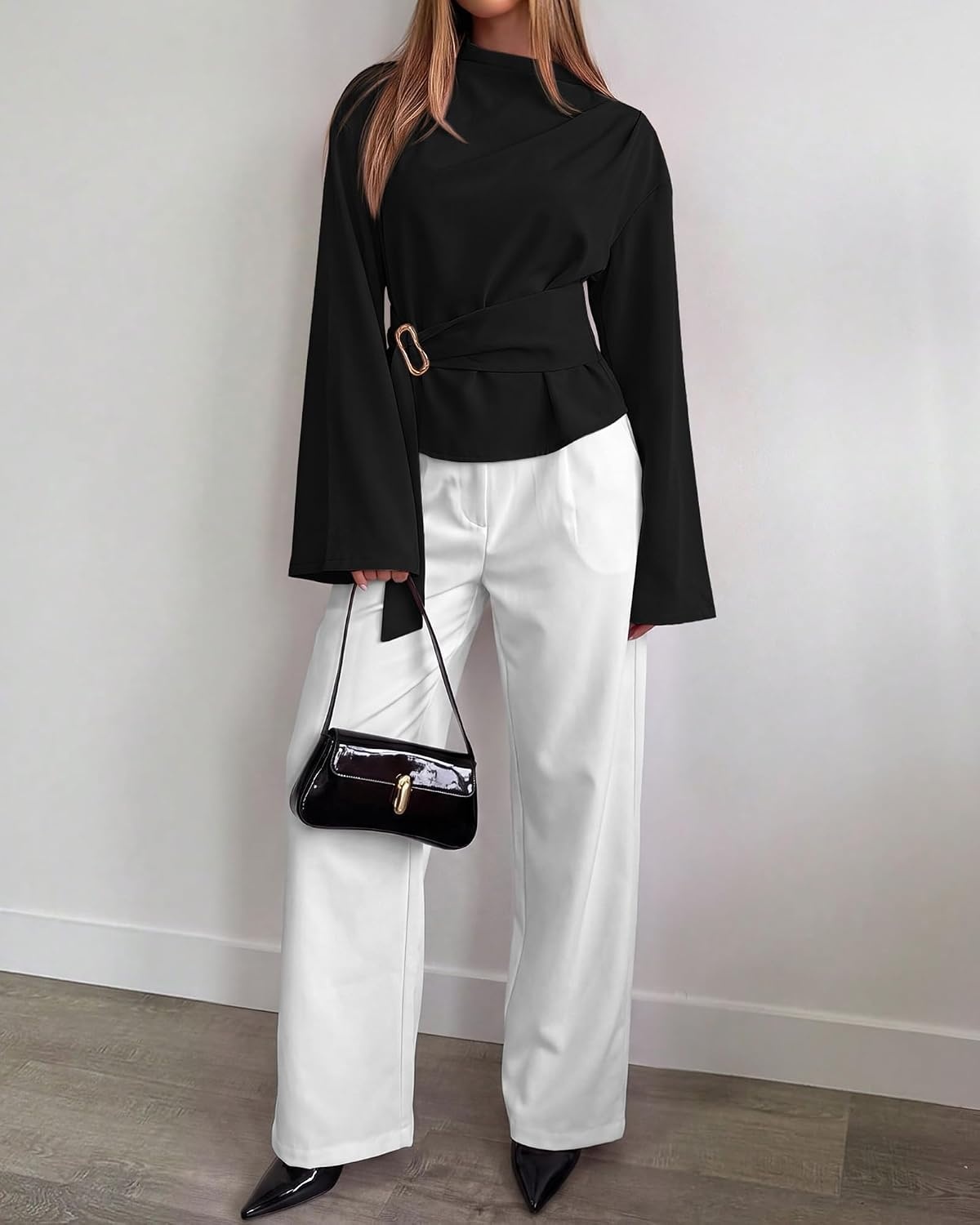 image:imageBTFBM Women Business Casual Blouses Bell Long Sleeve Tie Waist TopBlack