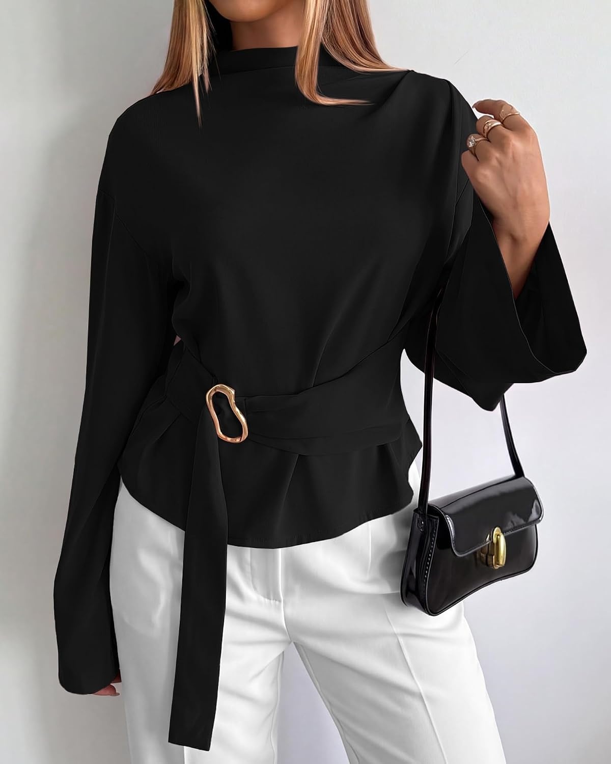 image:imageBTFBM Women Business Casual Blouses Bell Long Sleeve Tie Waist TopBlack