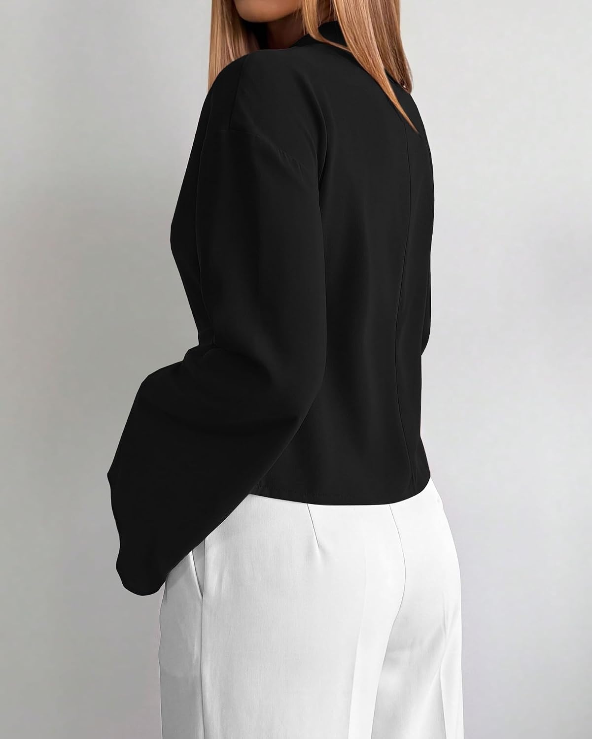 image:imageBTFBM Women Business Casual Blouses Bell Long Sleeve Tie Waist TopBlack
