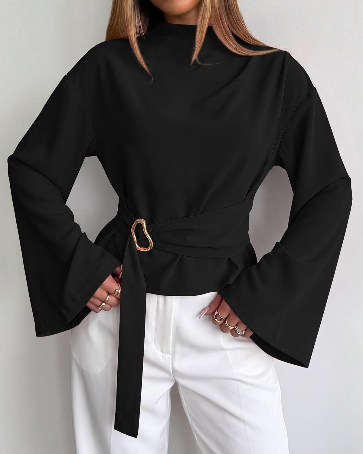 image:imageBTFBM Women Business Casual Blouses Bell Long Sleeve Tie Waist TopBlack