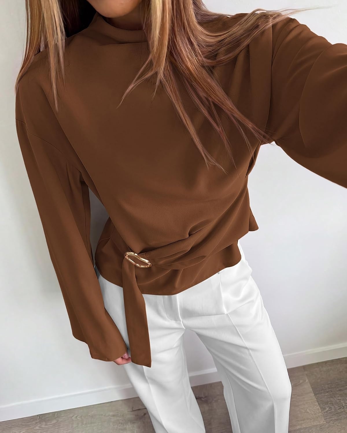 image:imageBTFBM Women Business Casual Blouses Bell Long Sleeve Tie Waist TopBrown