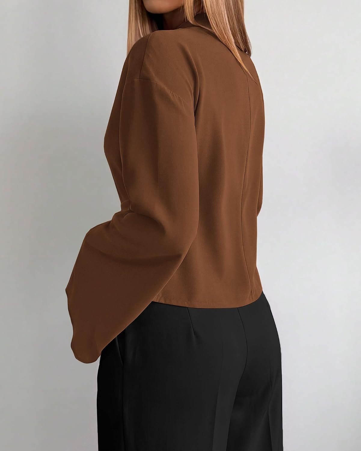 image:imageBTFBM Women Business Casual Blouses Bell Long Sleeve Tie Waist TopBrown