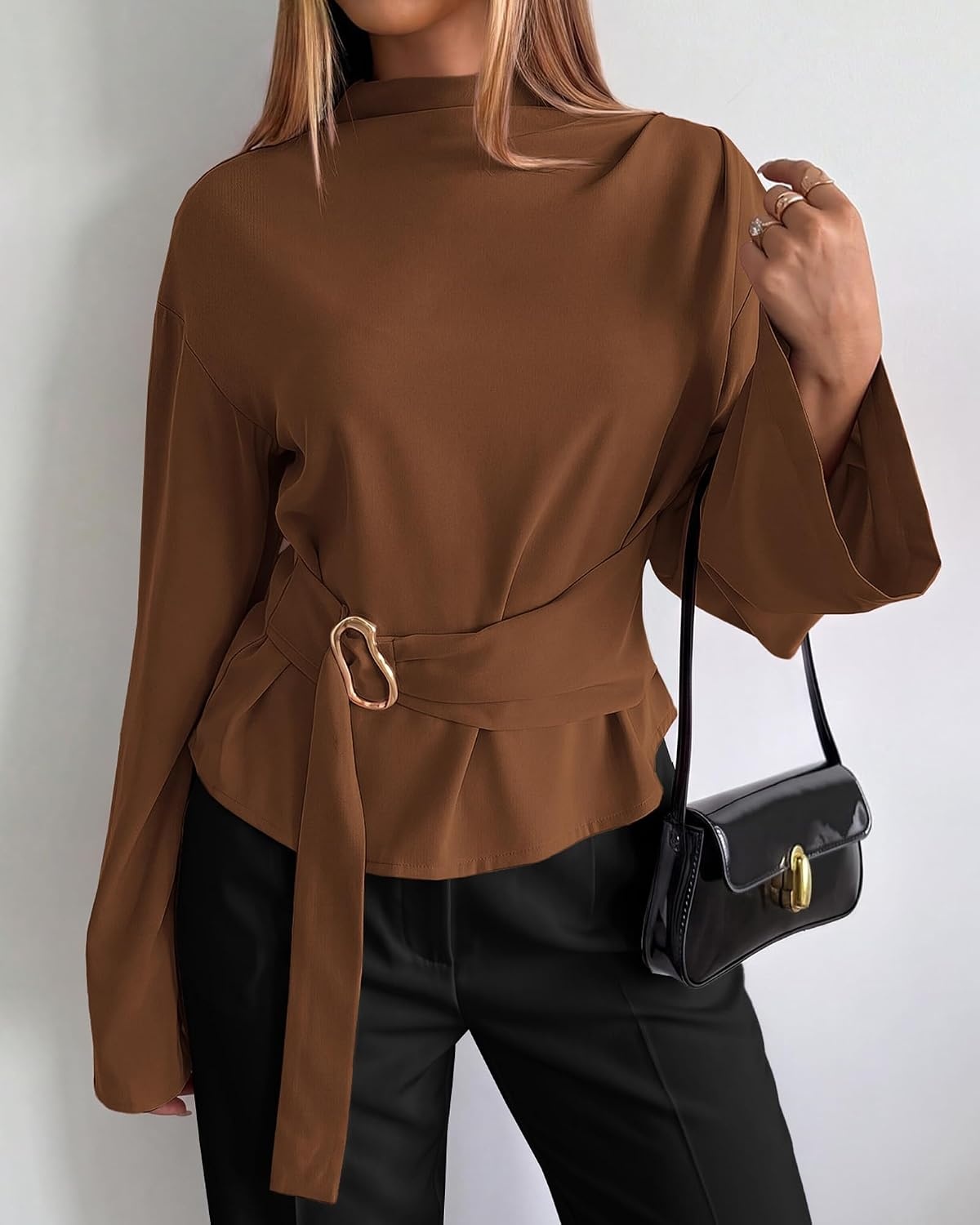 image:imageBTFBM Women Business Casual Blouses Bell Long Sleeve Tie Waist TopBrown