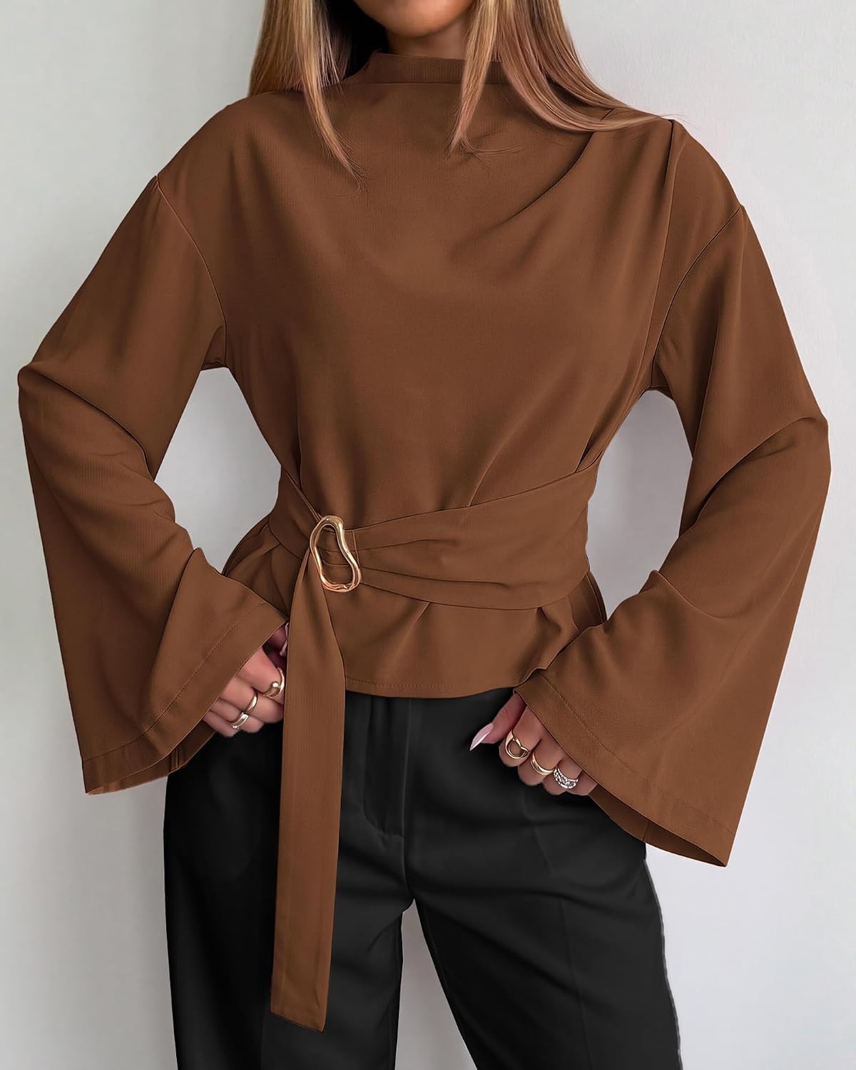 image:imageBTFBM Women Business Casual Blouses Bell Long Sleeve Tie Waist TopBrown