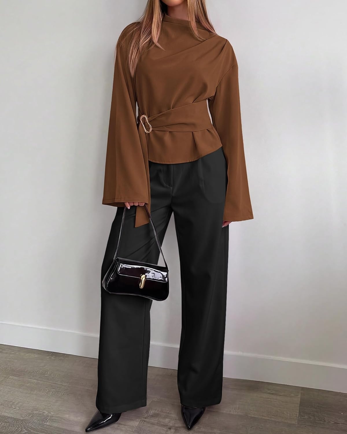 image:imageBTFBM Women Business Casual Blouses Bell Long Sleeve Tie Waist TopBrown