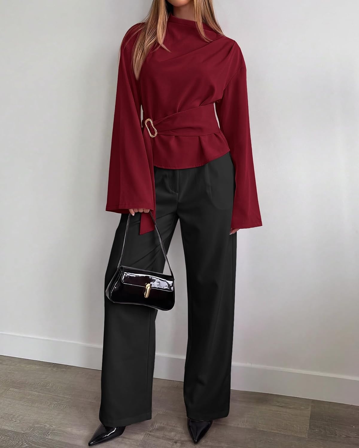 image:imageBTFBM Women Business Casual Blouses Bell Long Sleeve Tie Waist TopBurgundy