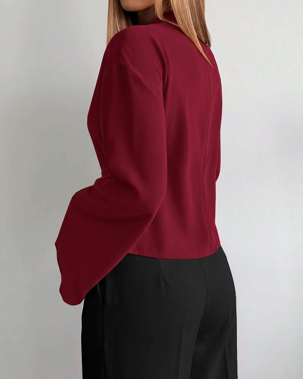 image:imageBTFBM Women Business Casual Blouses Bell Long Sleeve Tie Waist TopBurgundy