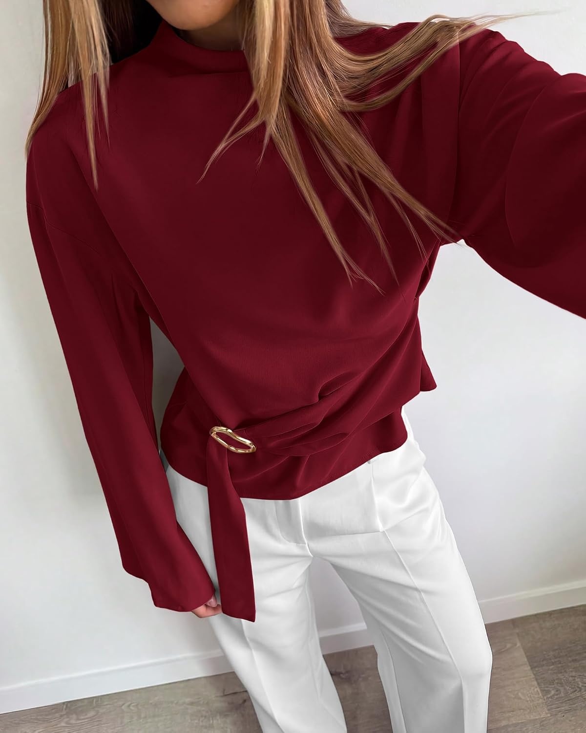 image:imageBTFBM Women Business Casual Blouses Bell Long Sleeve Tie Waist TopBurgundy