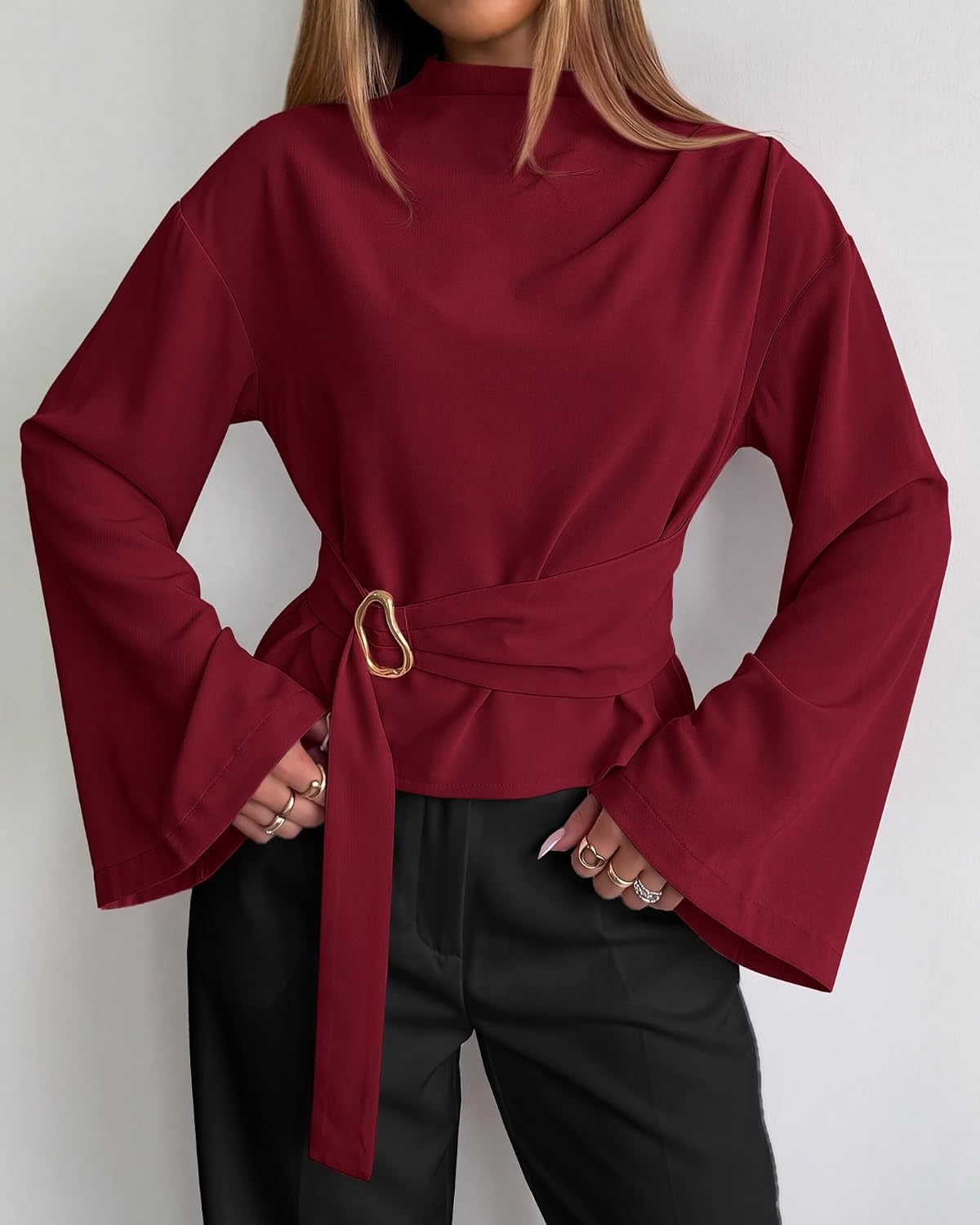 image:imageBTFBM Women Business Casual Blouses Bell Long Sleeve Tie Waist TopBurgundy