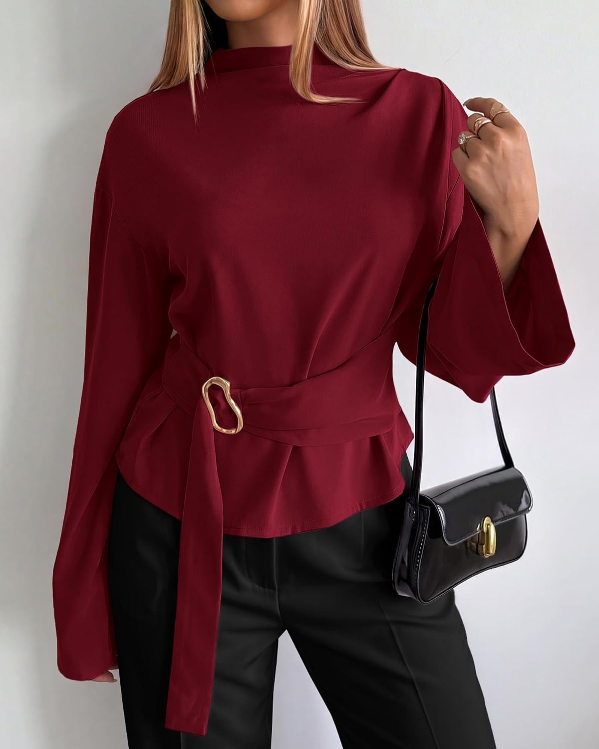 image:imageBTFBM Women Business Casual Blouses Bell Long Sleeve Tie Waist TopBurgundy
