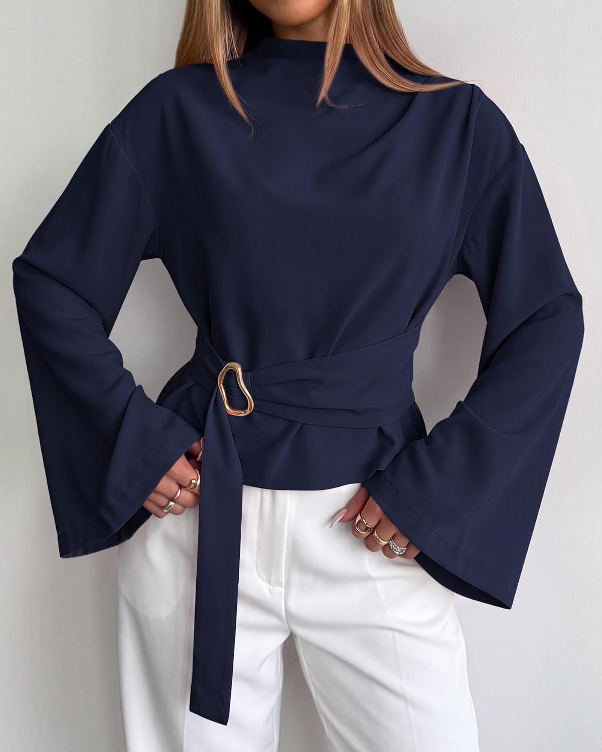 image:imageBTFBM Women Business Casual Blouses Bell Long Sleeve Tie Waist TopNavy Blue