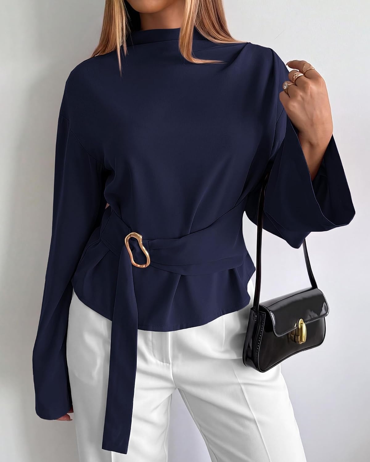 image:imageBTFBM Women Business Casual Blouses Bell Long Sleeve Tie Waist TopNavy Blue