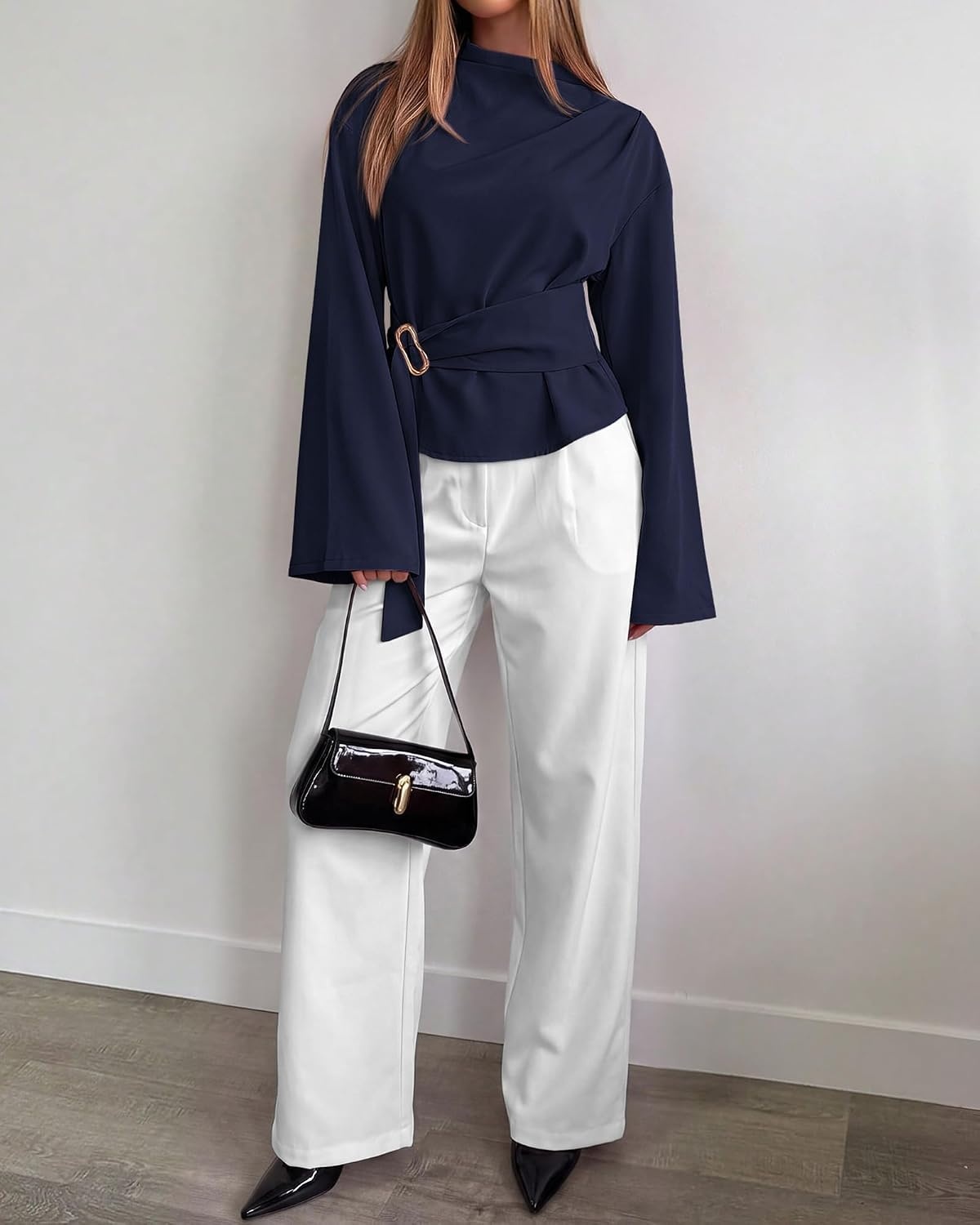 image:imageBTFBM Women Business Casual Blouses Bell Long Sleeve Tie Waist TopNavy Blue
