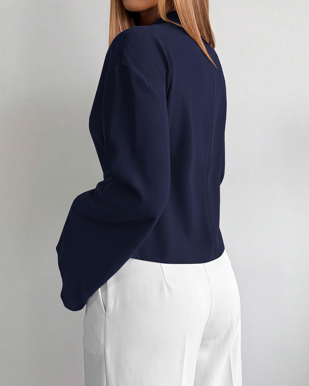 image:imageBTFBM Women Business Casual Blouses Bell Long Sleeve Tie Waist TopNavy Blue