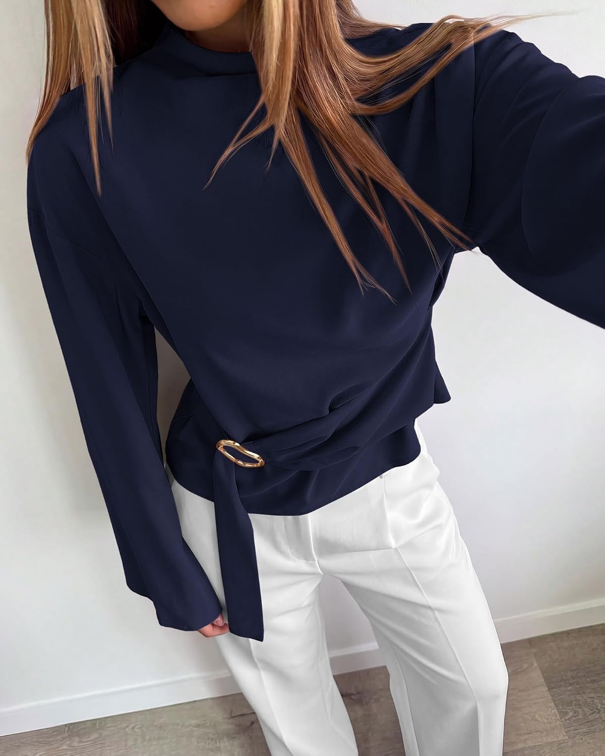 image:imageBTFBM Women Business Casual Blouses Bell Long Sleeve Tie Waist TopNavy Blue