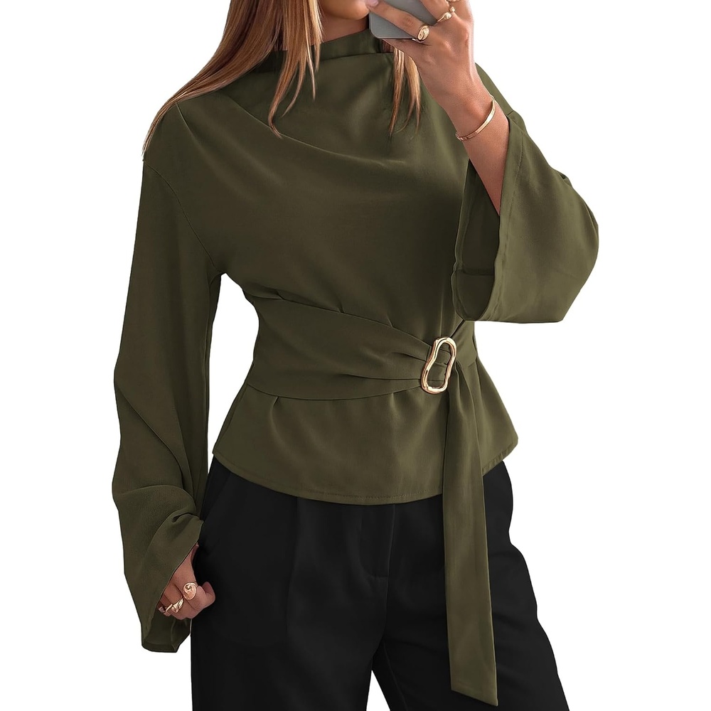 image:imageBTFBM Women Business Casual Blouses Bell Long Sleeve Tie Waist TopArmy Green