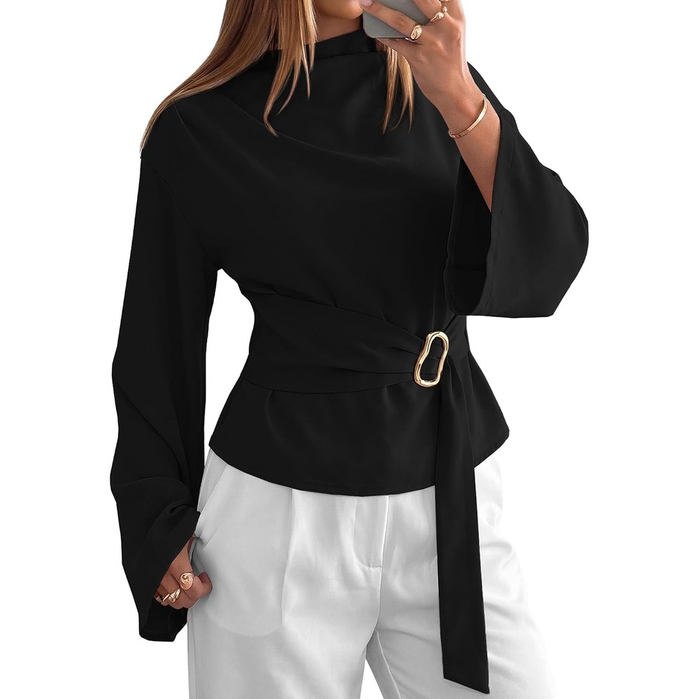 image:imageBTFBM Women Business Casual Blouses Bell Long Sleeve Tie Waist TopBlack