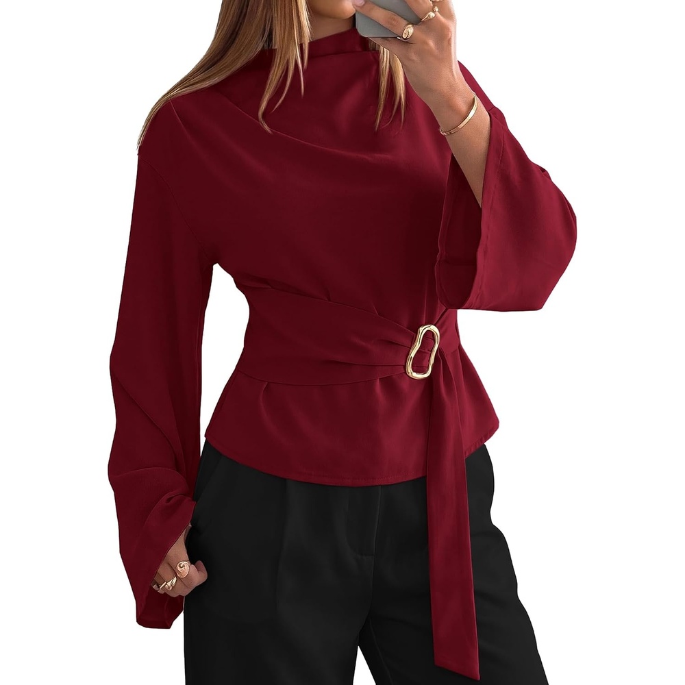 image:imageBTFBM Women Business Casual Blouses Bell Long Sleeve Tie Waist TopBurgundy