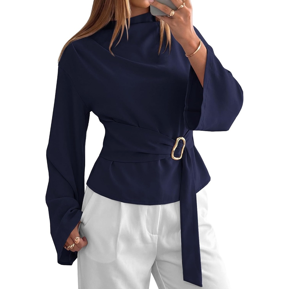 image:imageBTFBM Women Business Casual Blouses Bell Long Sleeve Tie Waist TopNavy Blue