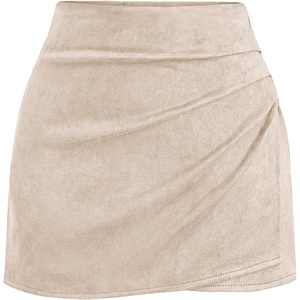 BTFBM Faux Suede Mini Skirts for Women Ruched Wrap Skorts(Grey Khaki)