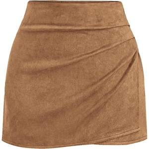 BTFBM Faux Suede Mini Skirts for Women Ruched Wrap Skorts(Light Coffee)