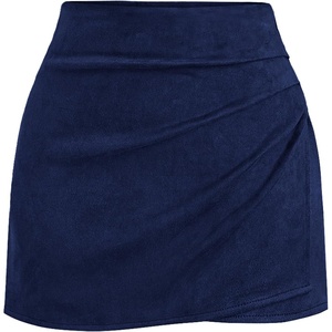 BTFBM Faux Suede Mini Skirts for Women Ruched Wrap Skorts(Navy Blue)
