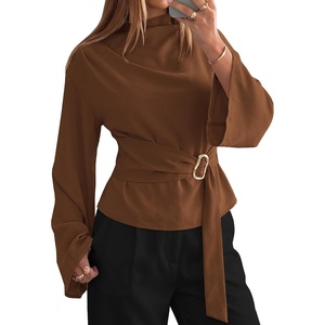 BTFBM Women Business Casual Blouses Bell Long Sleeve Tie Waist Top(Brown)