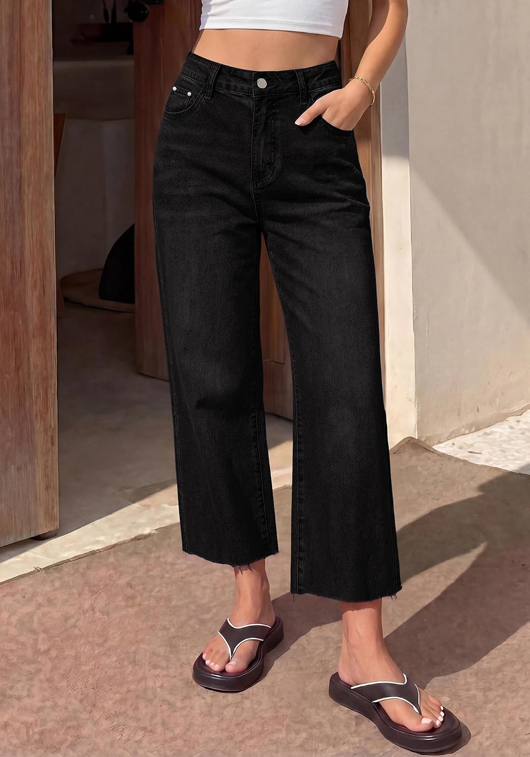 image:imageBTFBM Jeans For Women 2026 Fall Fashion Clothing Raw Hem Cropped Denim PantBlack