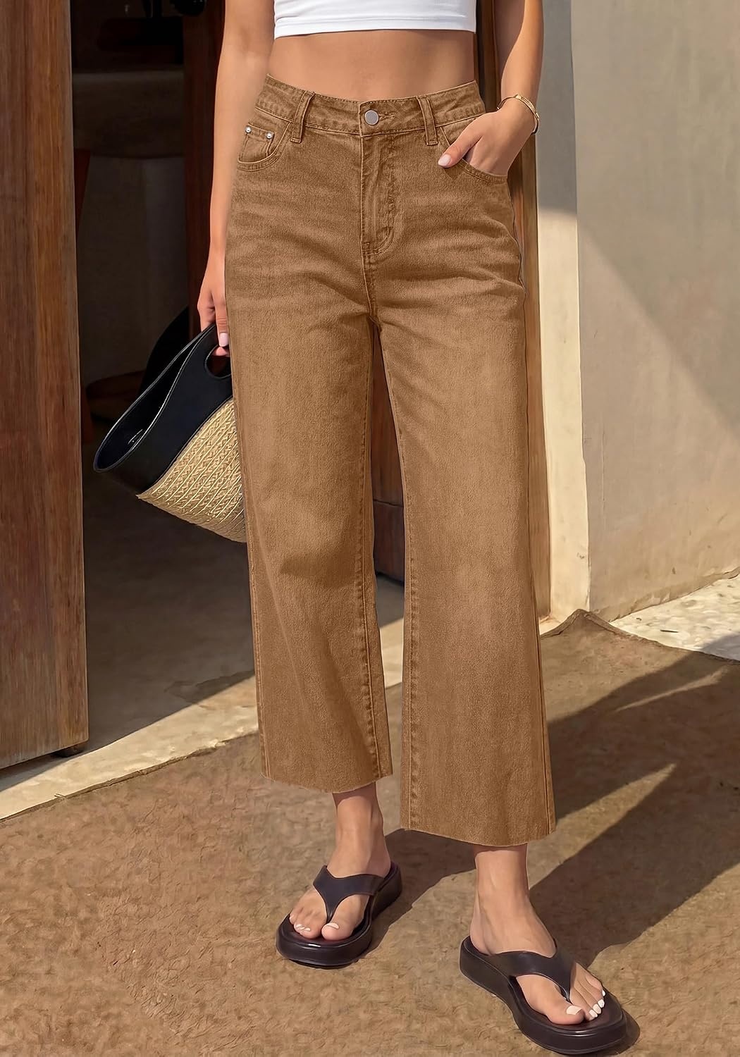 image:imageBTFBM Jeans For Women 2026 Fall Fashion Clothing Raw Hem Cropped Denim PantCamel