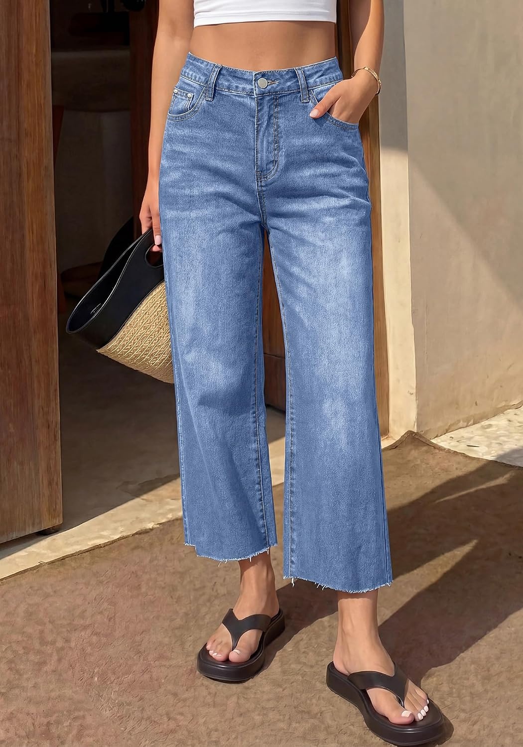 image:imageBTFBM Jeans For Women 2026 Fall Fashion Clothing Raw Hem Cropped Denim PantLight Blue