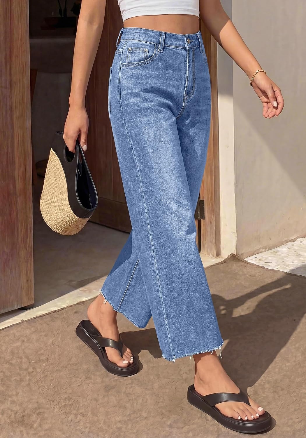image:imageBTFBM Jeans For Women 2026 Fall Fashion Clothing Raw Hem Cropped Denim PantLight Blue