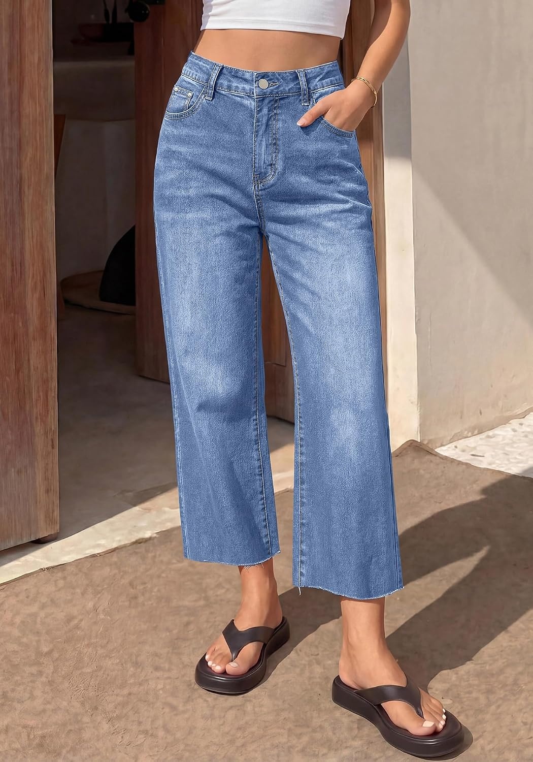 image:imageBTFBM Jeans For Women 2026 Fall Fashion Clothing Raw Hem Cropped Denim PantLight Blue