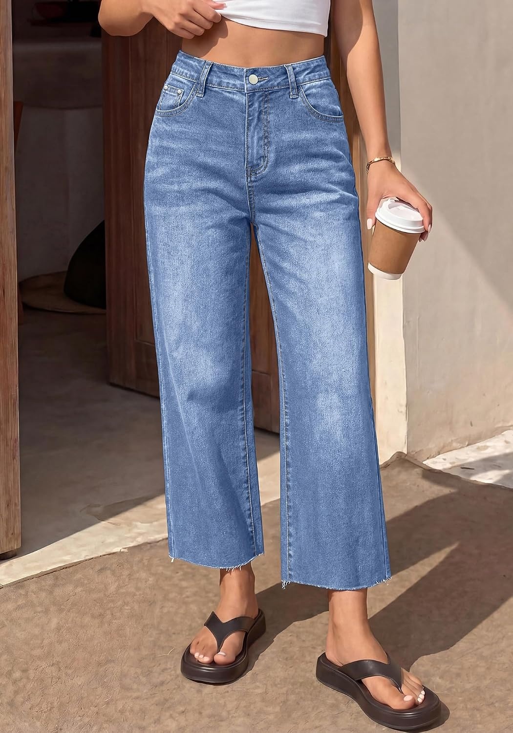 image:imageBTFBM Jeans For Women 2026 Fall Fashion Clothing Raw Hem Cropped Denim PantLight Blue