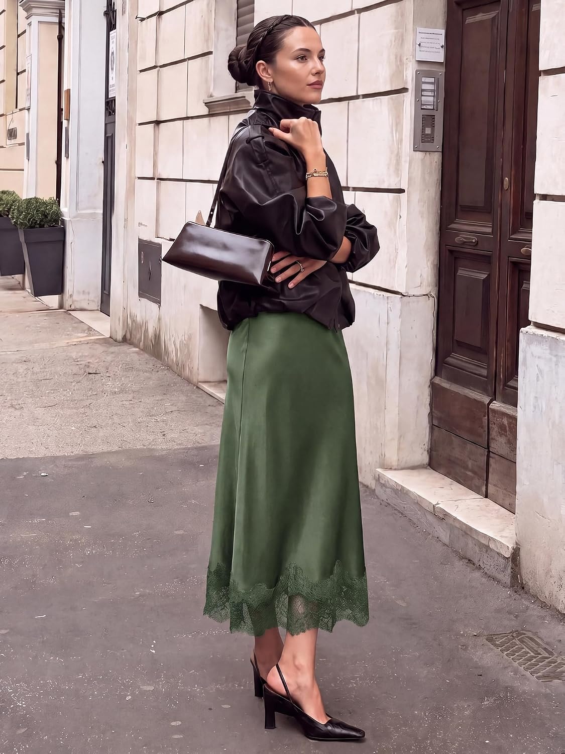 image:imageBTFBM Lace Trim Satin Skirts for Women Elegant Fall Fashion Clothing 2026Army Green