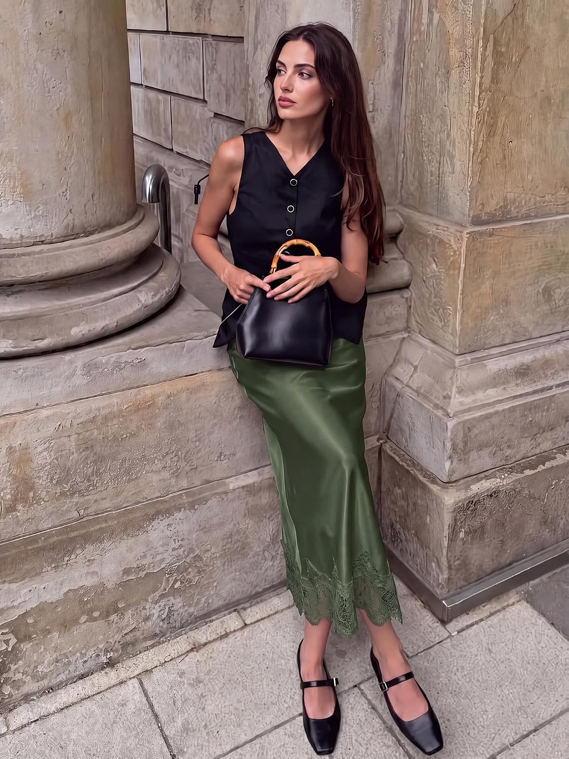 image:imageBTFBM Lace Trim Satin Skirts for Women Elegant Fall Fashion Clothing 2026Army Green