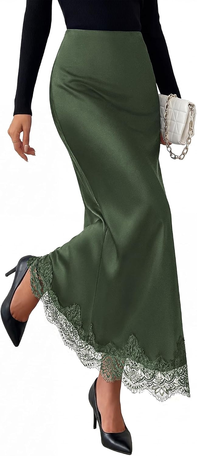 image:imageBTFBM Lace Trim Satin Skirts for Women Elegant Fall Fashion Clothing 2026Army Green