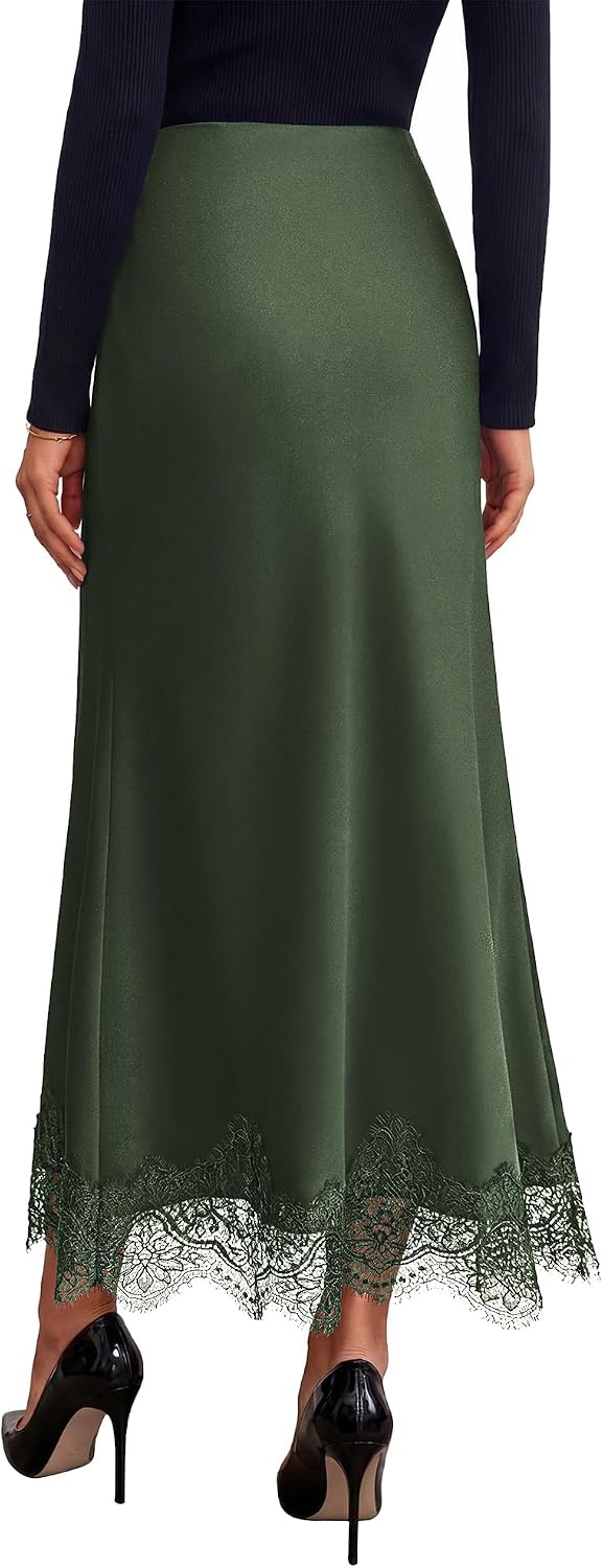 image:imageBTFBM Lace Trim Satin Skirts for Women Elegant Fall Fashion Clothing 2026Army Green