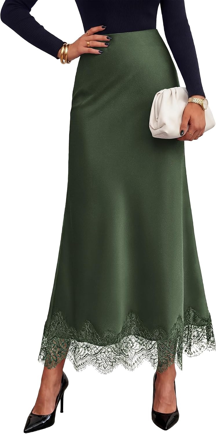 image:imageBTFBM Lace Trim Satin Skirts for Women Elegant Fall Fashion Clothing 2026Army Green