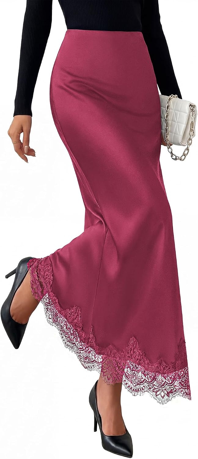 image:imageBTFBM Lace Trim Satin Skirts for Women Elegant Fall Fashion Clothing 2026Bean Paste Pink