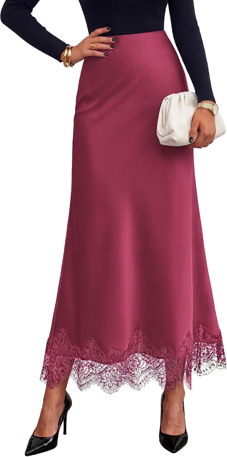 image:imageBTFBM Lace Trim Satin Skirts for Women Elegant Fall Fashion Clothing 2026Bean Paste Pink