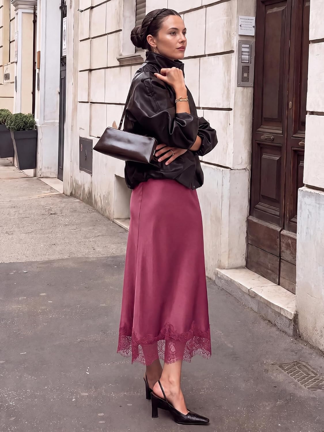 image:imageBTFBM Lace Trim Satin Skirts for Women Elegant Fall Fashion Clothing 2026Bean Paste Pink
