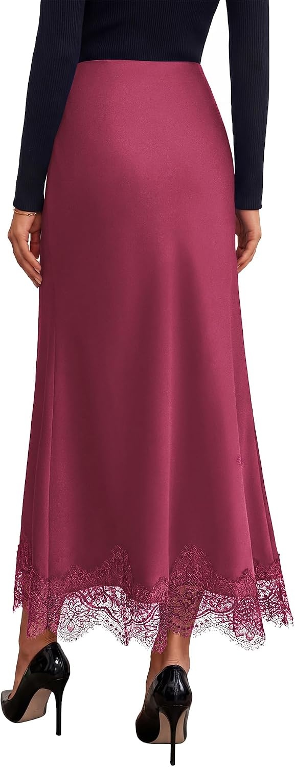 image:imageBTFBM Lace Trim Satin Skirts for Women Elegant Fall Fashion Clothing 2026Bean Paste Pink