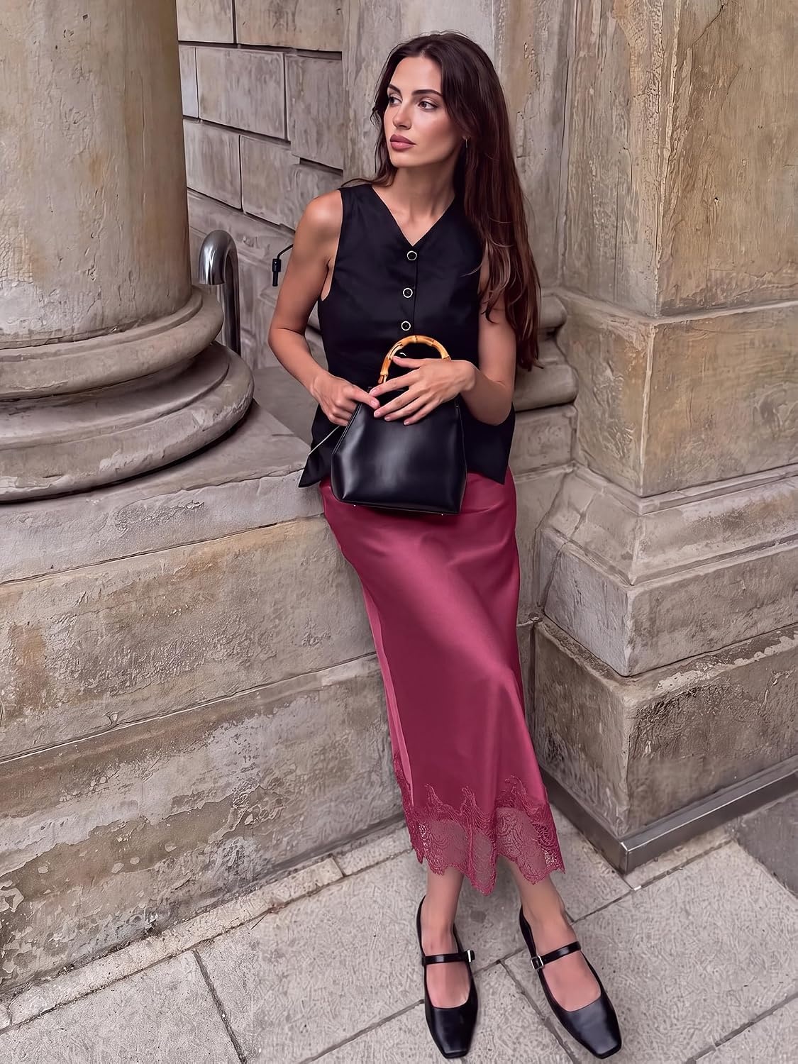 image:imageBTFBM Lace Trim Satin Skirts for Women Elegant Fall Fashion Clothing 2026Bean Paste Pink