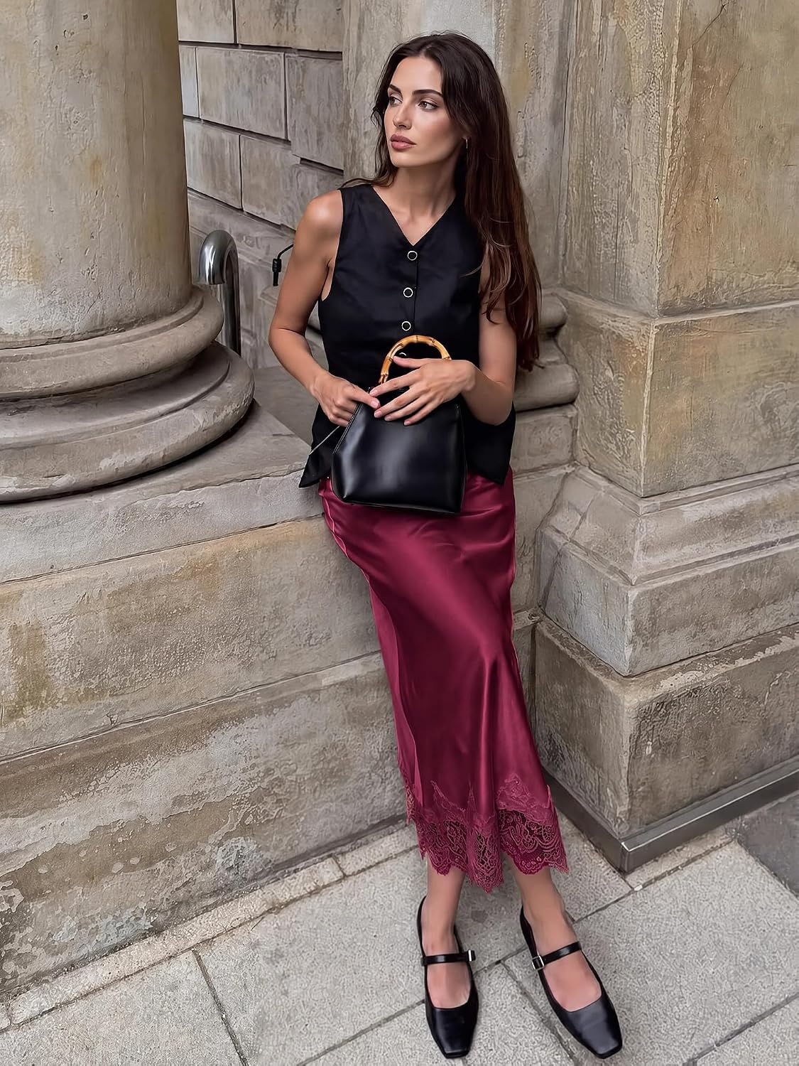 image:imageBTFBM Lace Trim Satin Skirts for Women Elegant Fall Fashion Clothing 2026Burgundy