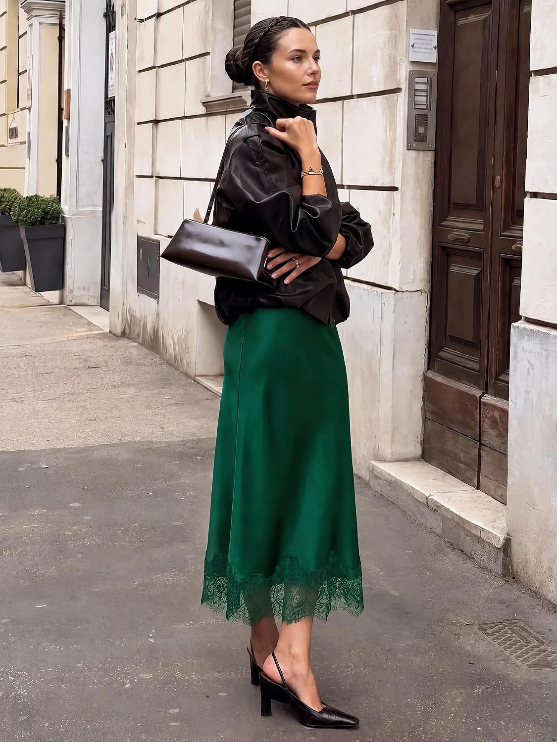 image:imageBTFBM Lace Trim Satin Skirts for Women Elegant Fall Fashion Clothing 2026Dark Green