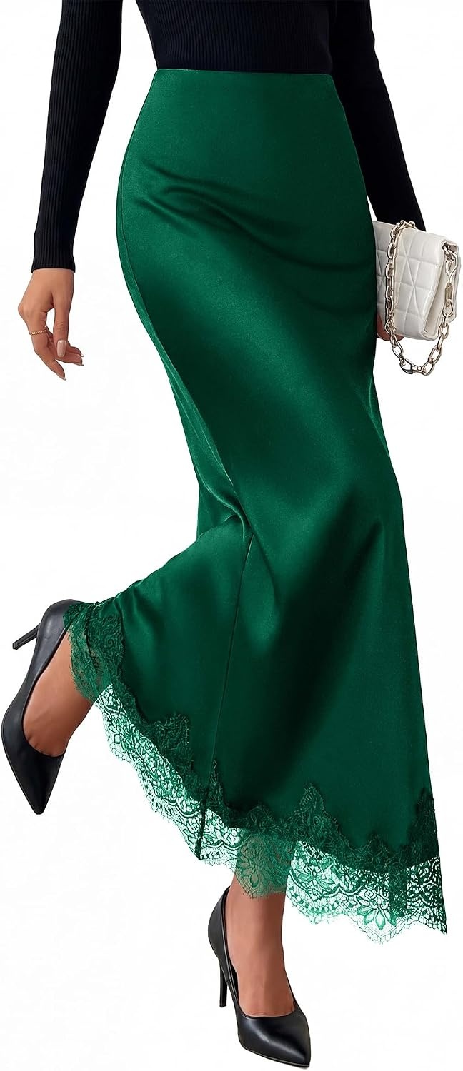 image:imageBTFBM Lace Trim Satin Skirts for Women Elegant Fall Fashion Clothing 2026Dark Green