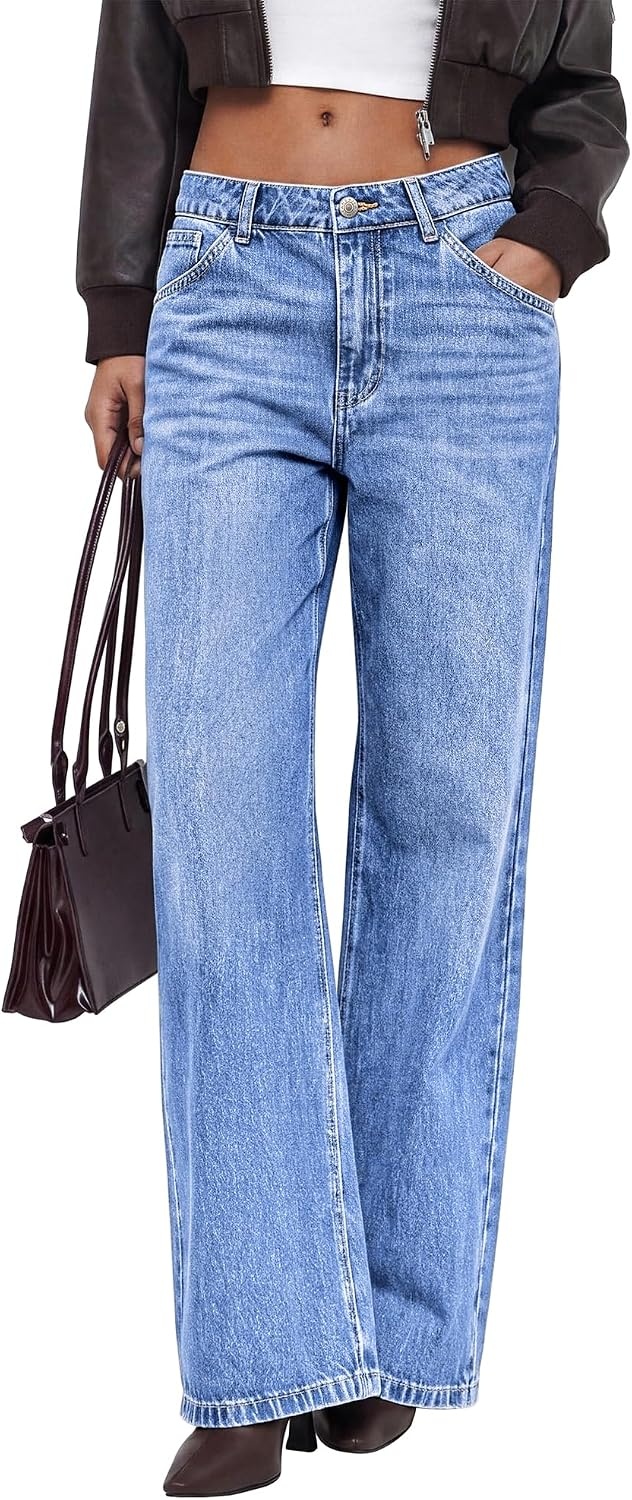 image:imageBTFBM Women High Waisted Casual Wide Leg Jeans Trendy Stretchy Denim PantsLight Blue