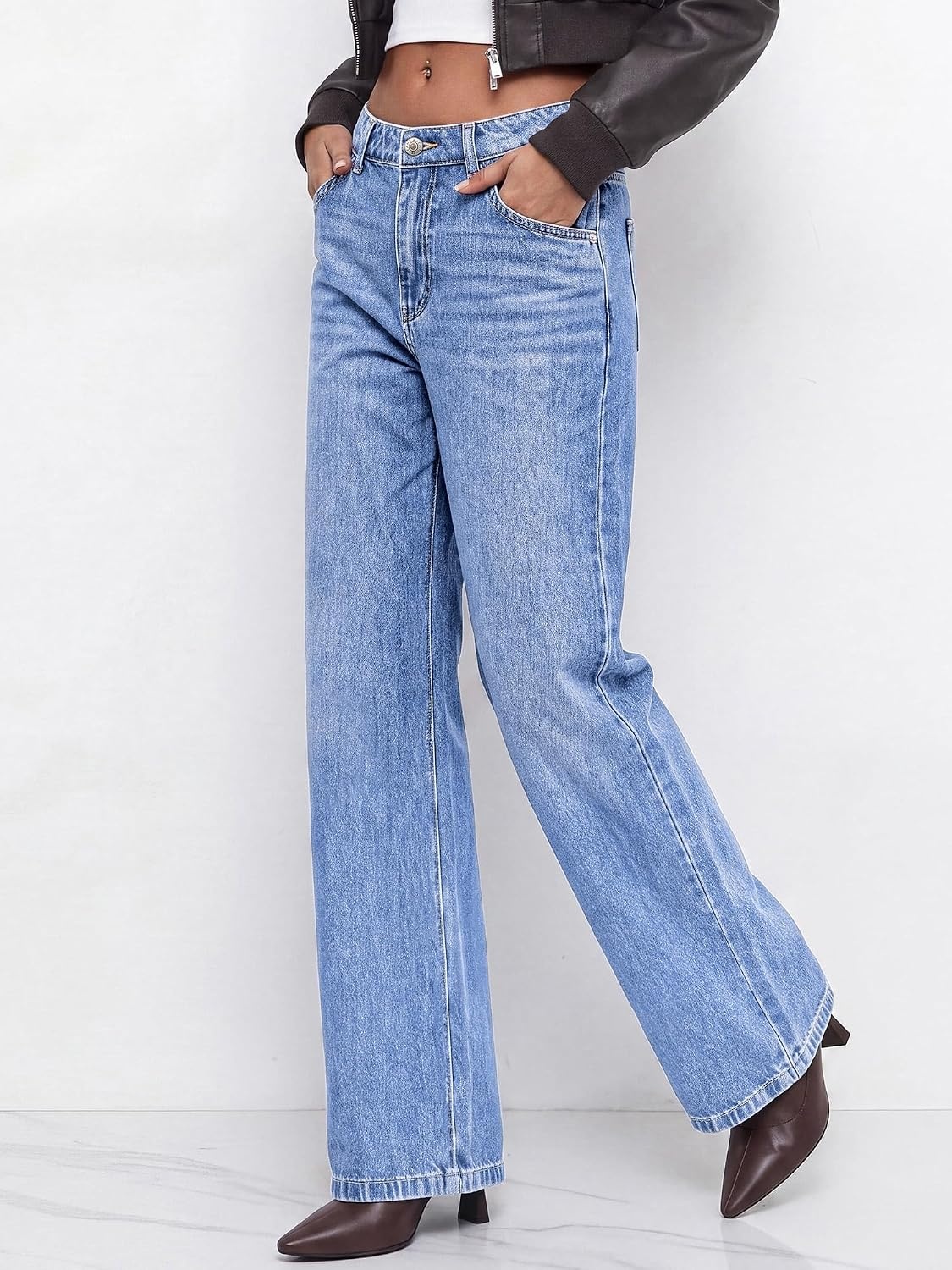 image:imageBTFBM Women High Waisted Casual Wide Leg Jeans Trendy Stretchy Denim PantsLight Blue